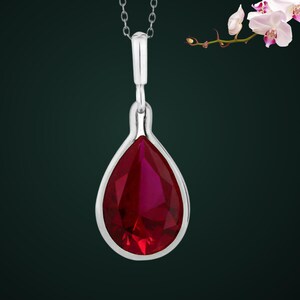 Vintage Ruby Pendant Necklace, Teardrop Red Pendant, Silver Bezel Solitaire Necklace, July Birthstone Jewelry, Bridal Necklace, Gift for Her