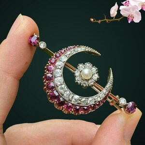 Victorian Crescent Moon Pearl Star Ruby Diamond Bar Brooch Pin