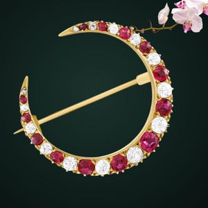 Antique Crescent Moon Brooch, Ruby Diamond Moon Pin, Victorian Celestial Jewelry, Gold Estate Brooch, July Birthstone Gift, Old Mine Cut Pin