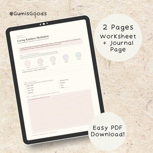 Puede incluir: Una tableta digital que muestra una hoja de trabajo de meditación Loving Kindness de dos páginas y una página de diario. La pantalla muestra texto, casillas de verificación e iconos circulares. El texto incluye @GumisGoods, 2 Pages Worksheet + Journal Page y Easy PDF Download!