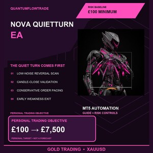 May include: A dark purple digital graphic for Nova Quietturn EA featuring a futuristic robot with pink accents. Text includes Quantumflowtrade, Risk Baseline £100 Minimum, The Quiet Turn Comes First, MT5 Automation, and Personal Trading Objective £100 to £7,500.