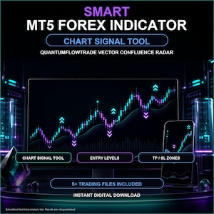 Pode incluir: Uma ferramenta de trading digital com o texto SMART MT5 FOREX INDICATOR, CHART SIGNAL TOOL e QUANTUMFLOWTRADE VECTOR CONFLUENCE RADAR. O ecrã mostra um gráfico financeiro com indicadores de tendência e setas em azul néon e roxo.