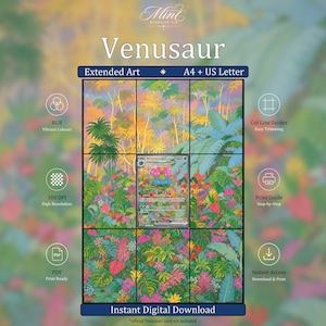 May include: A digital download display featuring the text Venusaur, Extended Art, and A4 + US Letter. The graphic shows a grid layout of a colorful jungle scene with a central trading card, surrounded by icons for RGB, Cut Line Guides, 300 DPI, Print Guide, PDF, and Instant Access.