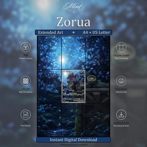 May include: A digital download display featuring the text Zorua, Extended Art, and A4 + US Letter. The central image shows a Zorua character in a dark, moonlit forest setting. Icons indicate RGB, 300 DPI, PDF, Cut Line Guides, Print Guide, and Instant Access.