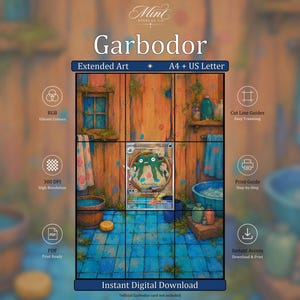 Könnte beinhalten: Eine digitale Druckdatei mit einer Garbodor-Sammelkartenillustration vor einem Badezimmerhintergrund. Das Layout enthält ein Raster für erweiterte Kunst, Textbeschriftungen für RGB, 300 DPI, PDF, Schnittlinien, Druckanleitung und Sofort-Download.