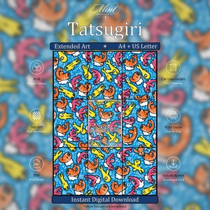 May include: A digital download file featuring a repeating pattern of orange, pink, and yellow Tatsugiri creatures on a blue background. The image includes the text Tatsugiri, Extended Art, A4 + US Letter, and Instant Digital Download with icons.