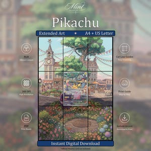 Puede incluir: Una pantalla de descarga digital con una imagen central de carta coleccionable de Pikachu integrada en una escena de plaza de pueblo. El diseño incluye una cuadrícula para arte extendido, etiquetas de texto para RGB, 300 DPI, PDF y guías.