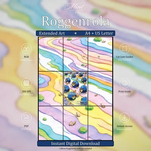 Pode incluir: Um modelo de impressão digital com o texto Roggenrola e Extended Art A4 + US Letter. O design exibe uma grade sobre um fundo ondulado de cores pastel, com um painel central mostrando várias criaturas esféricas azuis com detalhes laranja.