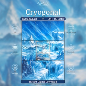 May include: A digital download display featuring the text Cryogonal, Extended Art, and A4 + US Letter. The central graphic shows a Cryogonal trading card surrounded by a nine-panel grid of a snowy, blue mountain landscape with icy cliffs and stars.