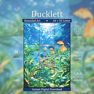 May include: A digital download product titled Ducklett featuring an extended art display for A4 and US Letter sizes. The graphic shows an underwater scene with blue water, green aquatic plants, and orange fins, with icons for RGB, 300 DPI, and PDF.