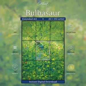 Peut inclure: Un affichage de téléchargement numérique avec le texte Bulbasaur, Extended Art et A4 + US Letter. L'image centrale montre une grille sur une scène de forêt verte avec une petite carte au milieu. Des icônes indiquent RGB, 300 DPI, PDF, Cut Line Guides, Print Guide et Instant Access.