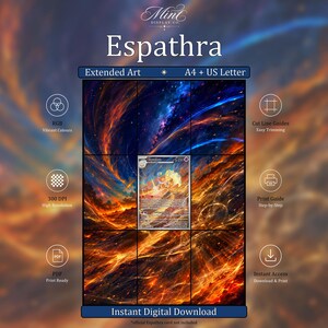 May include: A digital download product titled Espathra featuring a central trading card image surrounded by a fiery orange and blue nebula background. The layout includes text labels for RGB, 300 DPI, PDF, Cut Line Guides, Print Guide, and Instant Access.