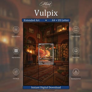 May include: A digital download product display for Vulpix extended art featuring a central illustration of a fox-like creature in a cosy room. The graphic includes text labels for RGB, 300 DPI, PDF, cut line guides, print guide, and instant access.