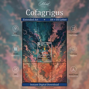 Pode incluir: Uma exibição de download digital com o texto Cofagrigus, Extended Art, A4 + US Letter e Instant Digital Download. O gráfico mostra um card colecionável central cercado por uma grade de nuvens abstratas em tons de azul, laranja e rosa.