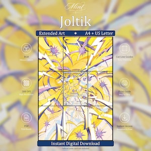 Può includere: Un modello di download digitale per l'arte estesa di Joltik con una grafica a fulmini gialli e viola. Il layout include formati A4 e US Letter, guide di taglio, risoluzione 300 DPI e formato PDF. Il design mostra un'area centrale per il posizionamento della carta circondata da motivi di energia elettrica dinamici.
