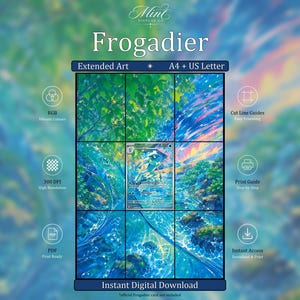 May include: A digital download product titled Frogadier featuring an extended art display for A4 and US Letter sizes. The graphic includes icons for RGB vibrant colors, 300 DPI high resolution, PDF print ready, cut line guides, a print guide, and instant access.