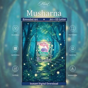 以下が含まれることがあります： Musharnaトレーディングカード用の拡張アートを含むデジタルダウンロード。森の背景に光るライト、カットラインガイド、RGB、300 DPI、PDF、カットラインガイド、プリントガイド、インスタントアクセスのテキストラベルがデザインされています。
