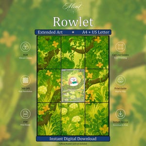 May include: A digital download display featuring a Rowlet card graphic with extended art. The layout includes A4 and US Letter size options, cut line guides, 300 DPI resolution, and RGB color mode. The design shows a green forest scene with trees.