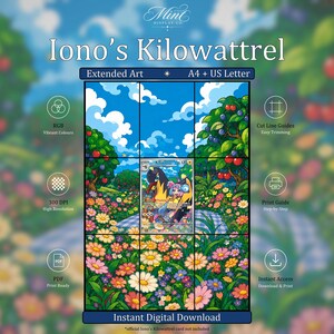 Puede incluir: Un archivo de impresión digital titulado Iono's Kilowattrel con un diseño de cuadrícula para tamaños A4 y US Letter. La ilustración muestra un prado colorido con flores, árboles y un personaje central. Incluye iconos de RGB, líneas de corte, 300 DPI y PDF.