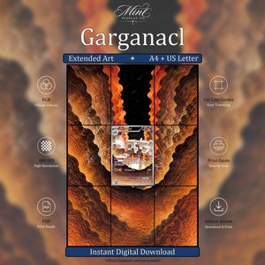 May include: A digital download file for an extended art display featuring the text Garganacl, Mint Display Co., Extended Art, A4 + US Letter, and Instant Digital Download. The graphic includes icons for RGB, 300 DPI, PDF, cut line guides, print guide, and instant access.