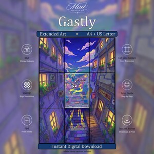 May include: A digital download display featuring the text Gastly, Extended Art, A4 + US Letter, and Instant Digital Download. The central image shows a purple-toned street scene with buildings, windows, and a central trading card graphic.