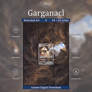 May include: A digital download template for a Garganacl extended art card, featuring a central card image surrounded by a grid overlay. The design includes text labels for RGB, cut line guides, 300 DPI, print guide, PDF, and instant access.