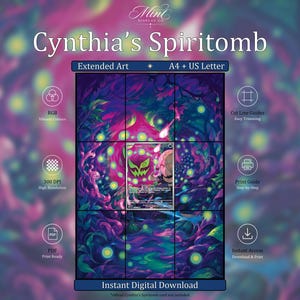 以下が含まれることがあります： Cynthia's Spiritombと題されたデジタルダウンロード製品。A4およびUSレターサイズ用の拡張アートが含まれています。中央のトレーディングカードと、光るオーブやアイコンが描かれた紫と緑の森のグラフィックが表示されています。