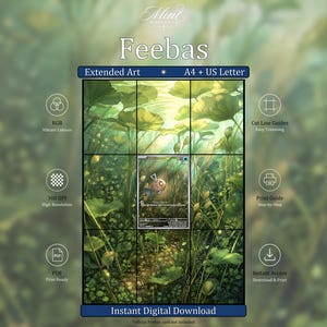 Puede incluir: Una descarga digital con arte extendido para una carta coleccionable de Feebas, presentada en una cuadrícula con guías de corte. El diseño incluye etiquetas de texto para RGB, 300 DPI, PDF, guías de corte, guía de impresión y descarga.
