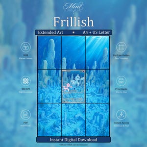 May include: A digital download display featuring the text Frillish and Mint Display Co. The image shows a blue underwater scene with stone ruins, divided into a grid for A4 and US Letter printing. Icons indicate RGB, 300 DPI, and PDF format.