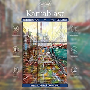 以下が含まれることがあります： Karrablastの拡張アート用デジタルダウンロードテンプレート。A4およびUSレター印刷用のグリッドレイアウト。中央にトレーディングカードを配置したカラフルな港の風景が描かれ、RGB、300 DPI、PDF形式を示すアイコンが周囲に配置されています。