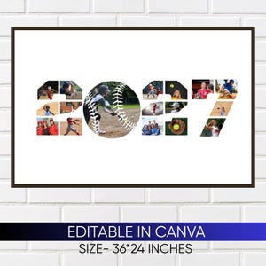 May include: A digital photo collage template featuring the number 2027, where the zero is shaped like a baseball with white stitching. The design includes multiple small action shots of softball players on a field. Size is 36 by 24 inches.