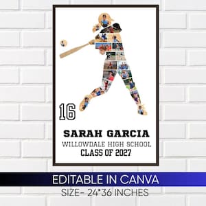 May include: A white poster featuring a silhouette of a softball player composed of multiple small photographs. The text reads 16, SARAH GARCIA, WILLOWDALE HIGH SCHOOL, CLASS OF 2027. The design is 24 by 36 inches and editable in Canva.