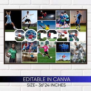 May include: A rectangular collage poster featuring multiple action shots of soccer players in various uniforms on a field, with the word SOCCER displayed in large white letters across the center. The poster measures 36 by 24 inches.