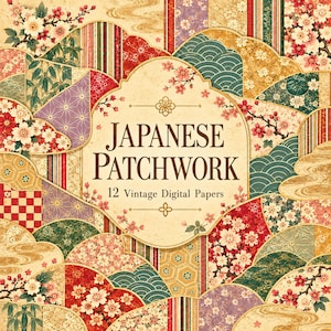 Puede incluir: Una colección de 12 papeles digitales vintage con patrones de patchwork japonés. La etiqueta central de color crema muestra el texto "JAPANESE PATCHWORK" y "12 Vintage Digital Papers" rodeado de ilustraciones de flores de cerezo.