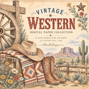 Coleção de papéis digitais Vintage Western, 12 padrões rústicos do sudoeste americano (JPG)