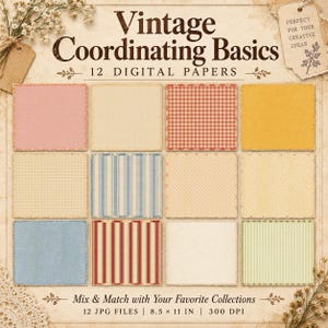 May include: A collection of 12 digital papers titled Vintage Coordinating Basics, featuring various patterns including polka dots, gingham, stripes, and solid textures in muted red, blue, yellow, and cream tones, presented as 8.5 by 11 inch files.