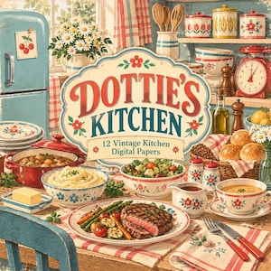 May include: A digital paper set titled Dottie's Kitchen featuring a vintage kitchen scene with a table set for a meal. The image includes a steak, mashed potatoes, salad, bread, and various floral-patterned ceramic dishes and kitchenware.