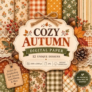 Può includere: Una collezione di carta digitale intitolata COZY AUTUMN con 12 design unici. L'etichetta centrale presenta un fiocco di spago, foglie autunnali e bacche. I motivi di sfondo includono quadretti arancioni, pois gialli e stampe floreali con ghiande.