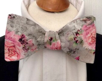 Bowtie in grey and pink floral design  - freestyle / self tie classic shape bowtie ~ wedding ~