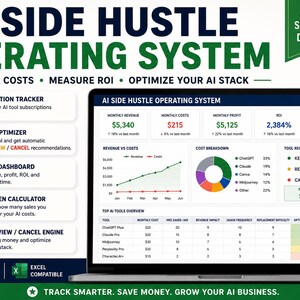 May include: A digital spreadsheet dashboard titled AI Side Hustle Operating System displayed on a laptop screen. It features sections for subscription tracking, revenue, cost breakdown, and tool optimization with charts, tables, and financial metrics.