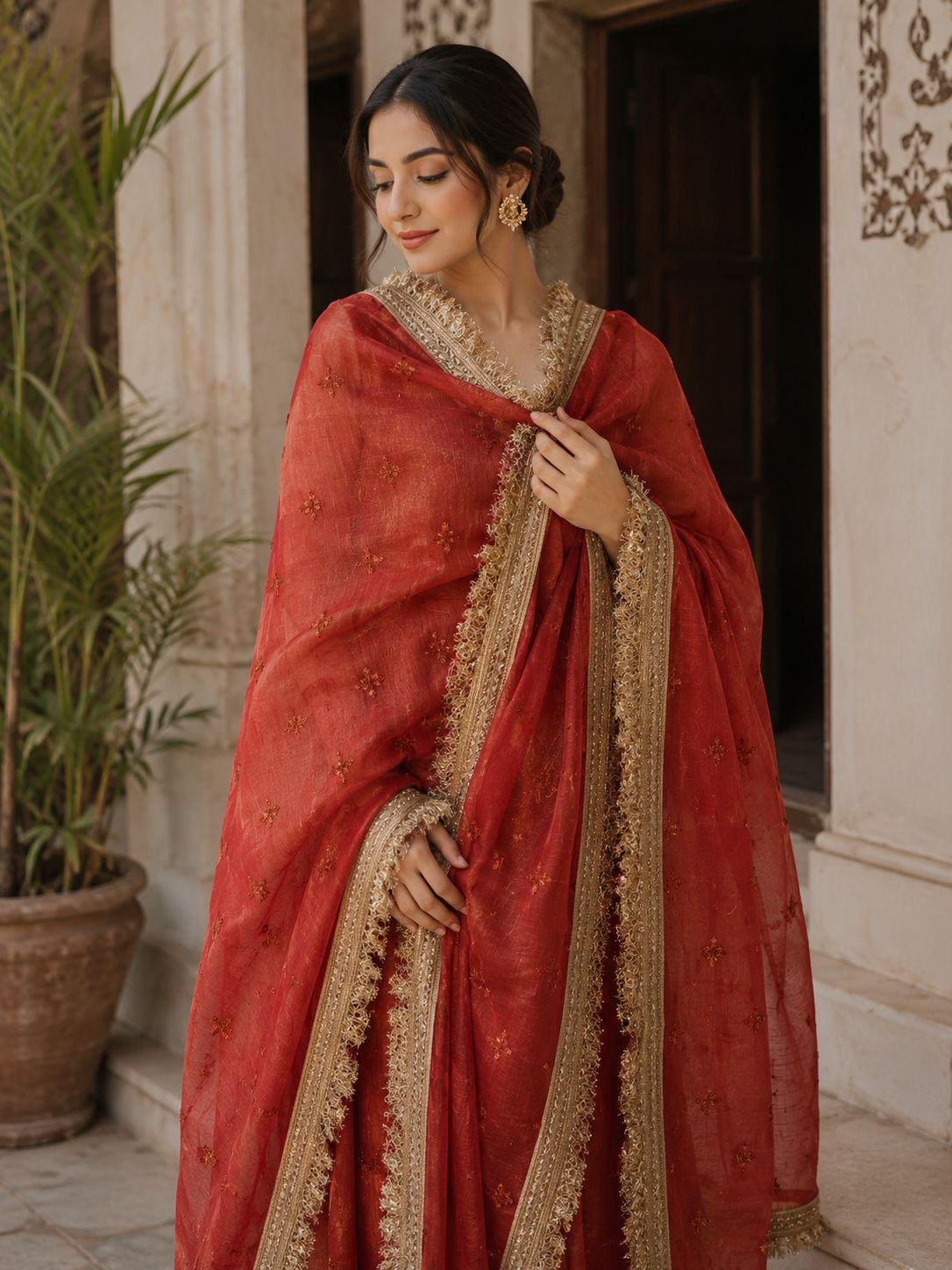 golden dress with red dupatta Pakistani Gold simple red and golden dress pakistani
