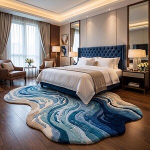 Puede incluir: Una alfombra de forma org&aacute;nica irregular con un patr&oacute;n de remolinos en capas de tonos azul marino profundo, azul real, azul claro y crema. La alfombra est&aacute; colocada sobre un suelo de madera oscura frente a una cama azul capiton&eacute;.