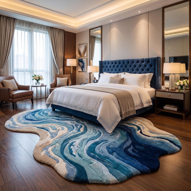 Puede incluir: Una alfombra de forma org&aacute;nica irregular con un patr&oacute;n de remolinos en capas de tonos azul marino profundo, azul real, azul claro y crema. La alfombra est&aacute; colocada sobre un suelo de madera oscura frente a una cama azul capiton&eacute;.