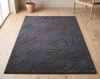 Modern Charcoal Rug, Abstract Topographic Carpet, Sculpted Area Rug, Contemporary Living Room