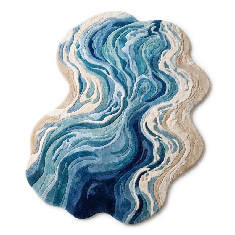 Puede incluir: Una alfombra de forma irregular con un patr&oacute;n abstracto y fluido de remolinos en tonos azul, turquesa y blanco que imitan corrientes de agua, bordeada por secciones de color beige claro que recuerdan a orillas arenosas con superficie texturizada.