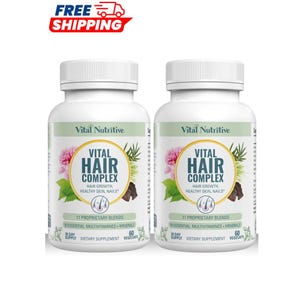 May include: Two white plastic bottles of Vital Hair Complex dietary supplement. Each label features the text Vital Nutritive, Vital Hair Complex, Hair Growth, Healthy Skin, Nails, 11 Proprietary Blends, 16 Essential Multivitamins + Minerals, 30 Day Supply, and 60 Vegecaps.