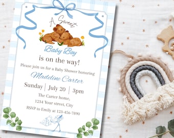 Bewerkbare teddybeer babyshower babyjongen | Sjabloon blauw gingang (digitale download)