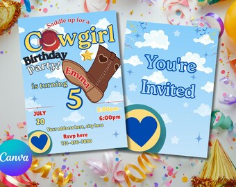 Bewerkbare cowgirl-verjaardagsuitnodiging en bedankkaart | Canvassjabloon voor westernfeest | Digitale download