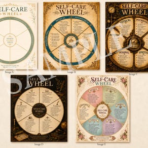 May include: Five rectangular posters titled Self-Care Wheel, each featuring a circular diagram divided into six segments labeled Physical, Psychological, Emotional, Spiritual, Personal, and Professional, with a central Life Balance hub.