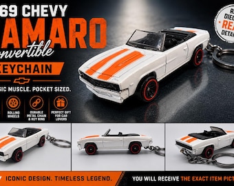 Llavero de Chevrolet Camaro Convertible de 1969 – Llavero personalizado de coche de metal fundido – Rayas blancas y naranjas – Regalo de coche deportivo